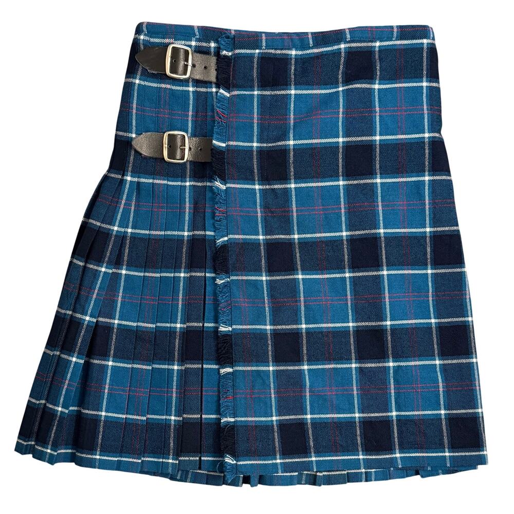 Scottish Design Tartans Kilt Wool Highland Pleated Buckles Leather Blue Size 32